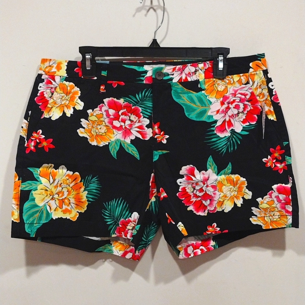 NWT Old Navy Women's Black Tropical Floral Print Shorts Sz 12-Beach Vacation